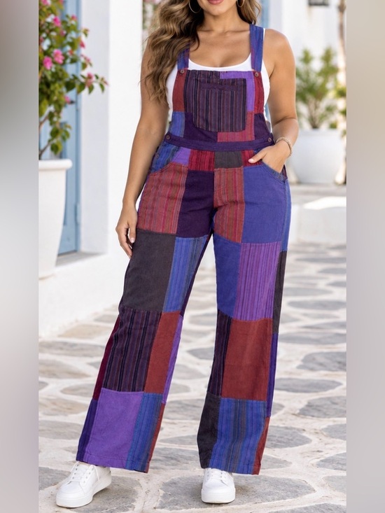 Other Pants - Patchwork Straight -Leg Overalls - Purple Multicolor L (New Without Tag)
